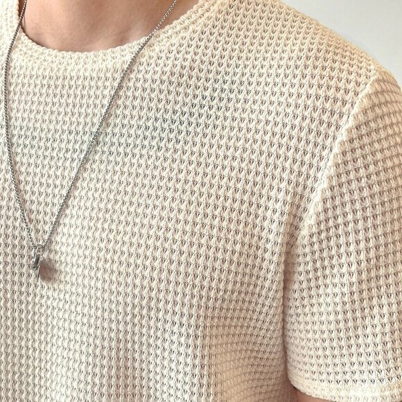 Beige Preppy Mens Solid Waffle Knit Tee - Picture 5 of 5